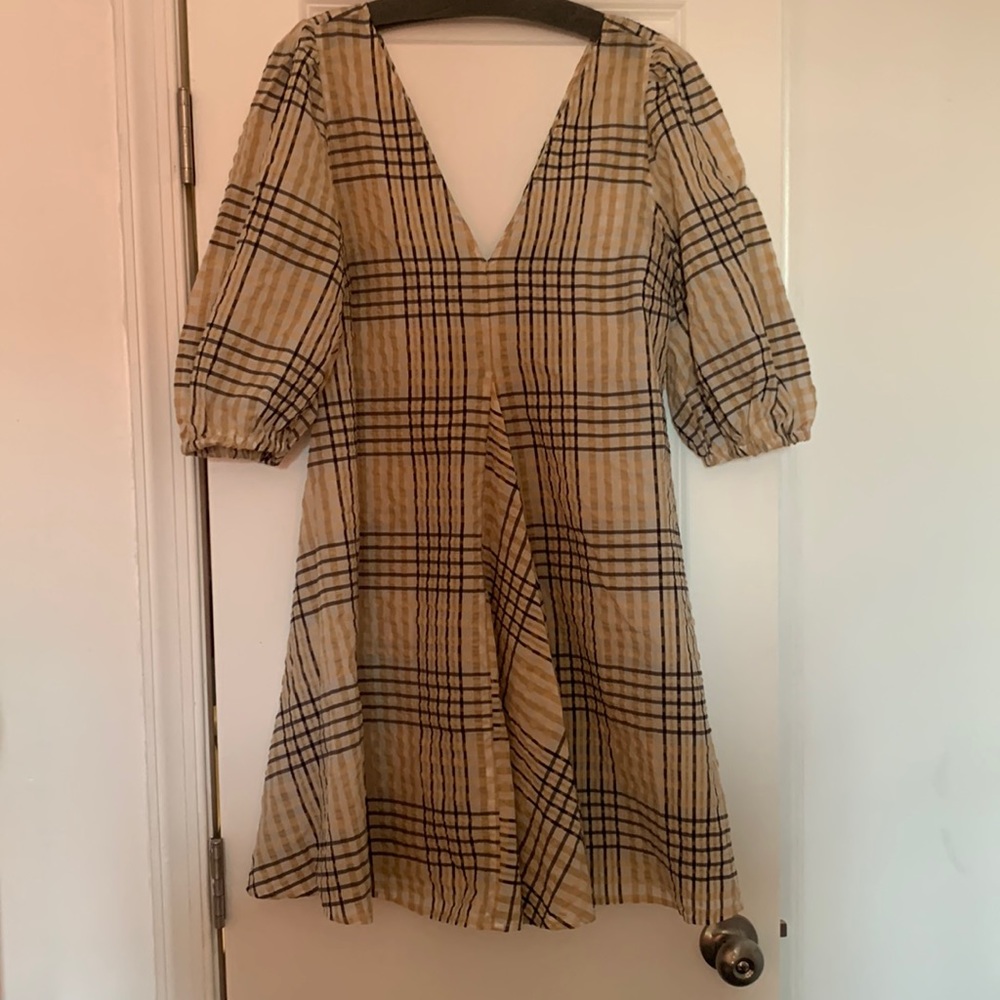 Tan and black Ganni checked seersucker mini dress